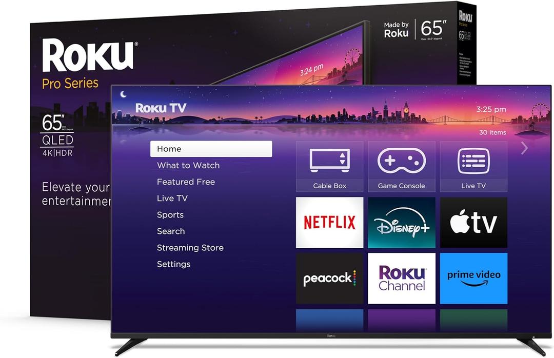 Roku Smart TV  65-Inch Pro Series 4K QLED RokuTV with Backlit Roku Voice Remote Pro, Dolby Vision IQ, 120Hz Refresh Rate  Live Local News, Sports, Gaming