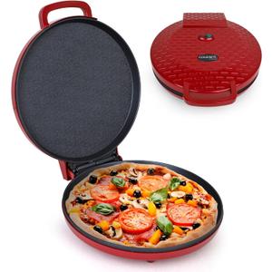 Courant Pizza Maker 12 inch Pizzas Machine, Newly improved Cool-touch Handle Non-Stick plates Pizza oven & CalzoneMaker, Electric Countertop Oven for Home or School, 12 Indoor Grill/Griddle, Red