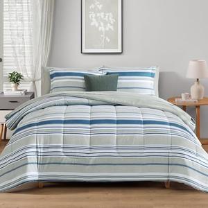 Monbix Queen Comforter Set - 7 Pieces Bed in a Bag Queen, Blue-Stripe Bedding Sets, All Seasons Comforter Bed Set with Sheets, Pillowcases & Shams