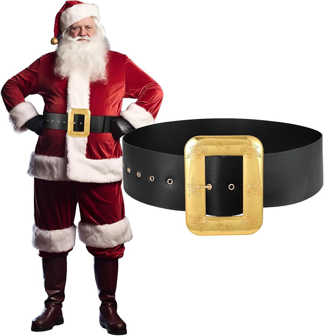 JASGOOD Christmas Santa Claus Adults Wide Leather Belt - Black Pirate Belt Gold Buckle Men Novelty Costume Cosplay Accessory (Fit Size 44"-54")