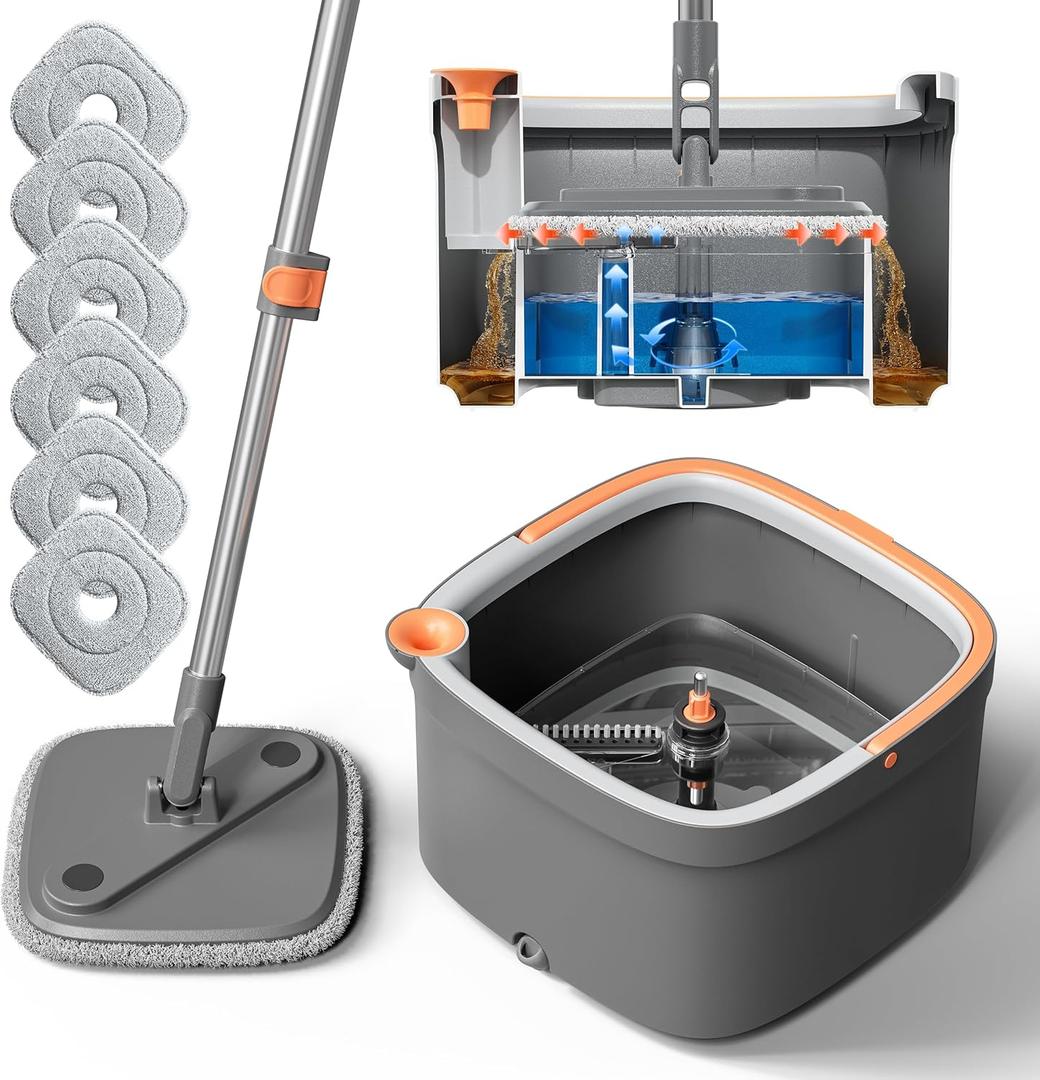 Spin Mop and Bucket Set with 6 Replaceable Microfiber Mop Pads with Self Separation Dirty and Clean Water System, Self Wringing 360° Rotating Square Mop Head for Hardwood Tile Marble Floors