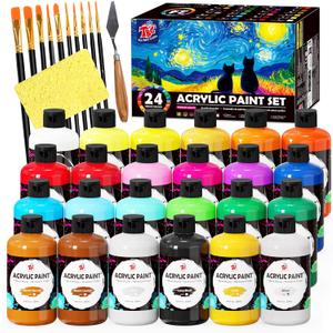 TBC The Best Crafts 24 Colors Acrylic Paint Set, 250ml (8.45oz) Each, Non-Toxic, Includes 10 Professional Brushes + Sponge + Painting Knife, for Canvas Wood Ceramic Rock Painting & DIY Crafts for Adults Artists