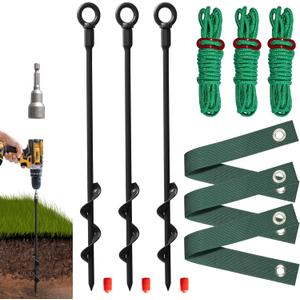 VASGOR Heavy Duty 16 Tree Stakes and Supports for Young Trees, Set of 3 Tree Stake Kit with 3 Straps for Staking and 39 Feet Rope, Can be Used with Drill (Adapter Included) (Black - Set 3)
