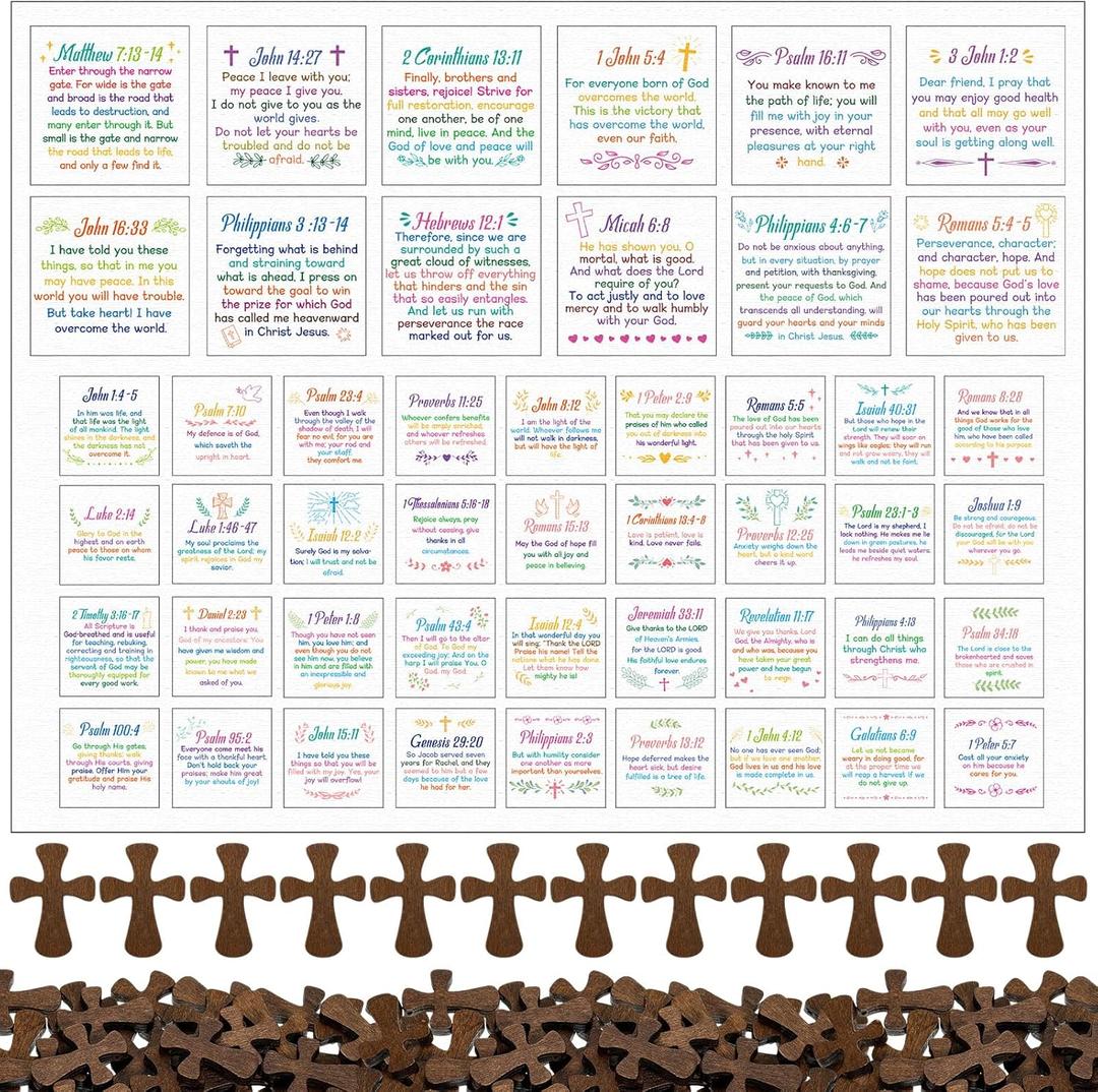 48 Set Pocket Prayer Quilt Squares Panel DIY Prayer Cloth with Crosses Mini Scripture Religious Spiritual Gift Easter Reward Gift for Friends Family Christians (Natural Wood Color,Wooden)