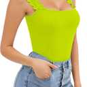 HERLOLLYCHIPS Sexy Tank Tops for Women Square Neck Ruffle Strap Ribbed Knit Tight Stretchy Sleeveless Shirts (Green, M)