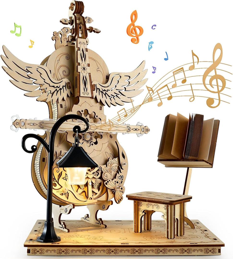 3D Puzzles for Adults,Wooden Puzzle Magic Cello,Wooden Music Box Kits-Musical Cello with Music Stand,DIY Mechanical Cello Music Box Model Kit for Christmas Birthday Gift
