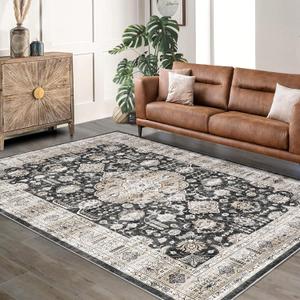 Boho 5x7 Area Rug Living Room Rugs Washable Rug with Anti-Slip Backing Non-Shedding Stain-Resistant Foldable Vintage Carpet for Bedroom Dining Room Nursery Home Office (Black)
