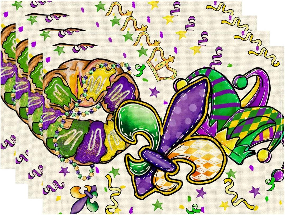 XCHI Doughnuts Iris Fleur De Lis Hat Mardi Gras Placemats Set of 4 Carnival Table Mats for Masquerade Party Home Kitchen Dining Table Decorations 12x18 Inch