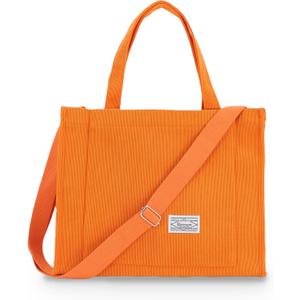 UERRUAM Corduroy Tote Bag for Women Work Crossbody Purse for Everyday,College,Travel,Lightweight Handbag Adjustable Strap (Large, Orange)