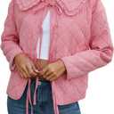 Plaid Quilted Jackets for Women Lightweight Long Sleeve Tie Front Puffer Jacket Warm Winter Coat Outerwear with Pockets (Red, Medium)