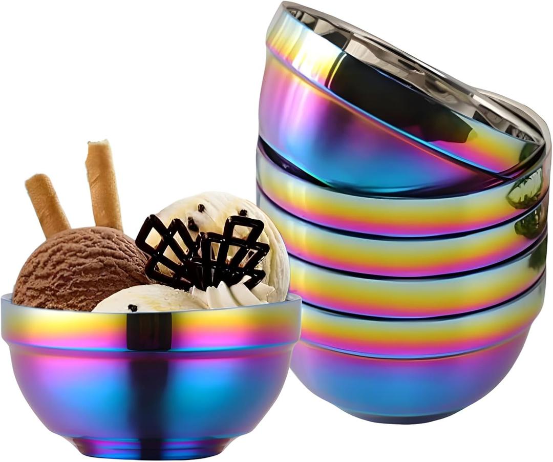 Rainbow Bowl Set of 6, 304 Stainless Steel Dinnerware Metal Double-walled Insulated Cereal Bowls for Eating Kitchen, Dishwasher Safe and Unbreakable