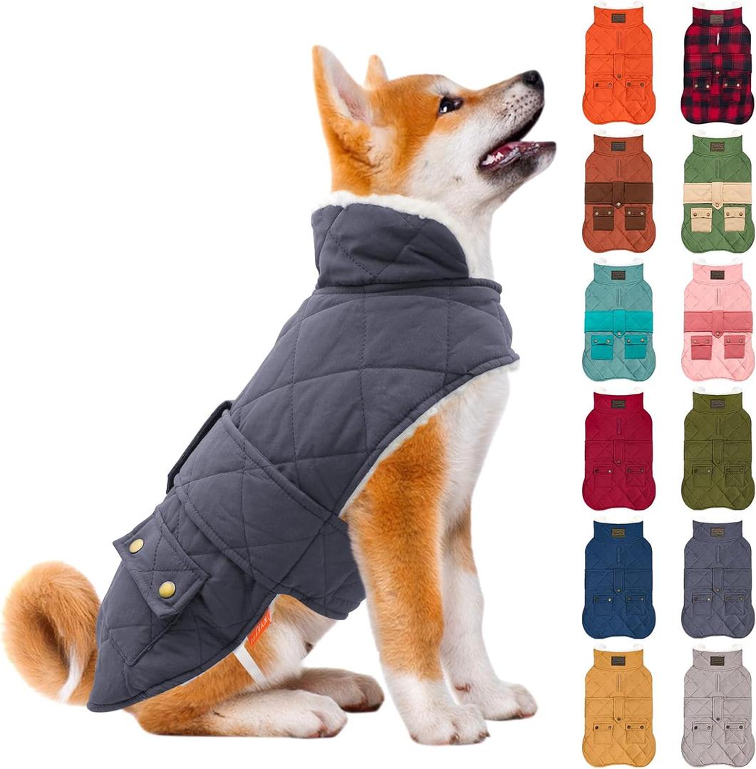 KYEESE Dog Coat Warm Pet Winter Puffer Coat with Leash Hole Soft Pet Sweater for Cold Weather Waterproof Dogs Jacket with Fleece Lined Thick Pets Clothes with Pocket Windproof Dog Coats for Small Dogs (Large, 03# Gray)