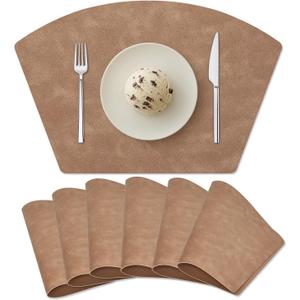 Placemats for Round Table Set of 6, Faux Leather Wedge Shaped Place Mats for Dining Table, Heat Resistant Washable Wipeable Table Mats Reversible, Camel
