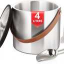 Bakpoco 4L Ice Basket with Lid, Scoop,Tongs & Strainer, Stainless Steel Double Wall Insulated Ice Buckets for Parties & Cocktail Bar, Large Outdoor Champagne Ice Container, Light Brown Handle (Silver Classic Tan Handle)