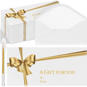 Qilery 50 Pcs Christmas Small Gift Card Envelopes with Golden Bow 3.15 x 6.69 Inch Christmas Money Currency Business Card Holders with Gold Ink Pen for Xmas Holiday Festival Party Supplies(White)