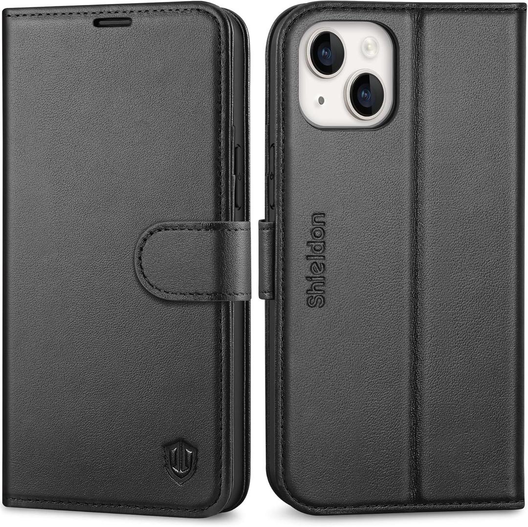 SHIELDON Case for iPhone 14 Plus 5G 2022, Genuine Leather Magnetic Folio Wallet Shockproof Cover Kickstand RFID Blocking Card Slots Compatible with iPhone 14 Plus 6.7" - Black