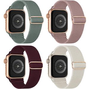 4 Pack Stretchy Solo Loop Compatible with Apple Watch Band 38mm 40mm 41mm 42mm 44mm 45mm 46mm 49mm Women Men, Sport Nylon Elastic Straps Braided Wristbands for iWatch Series 10 9 8 7 6 5 4 3 Ultra SE (Starlight/Pink/Cactus/Wine)