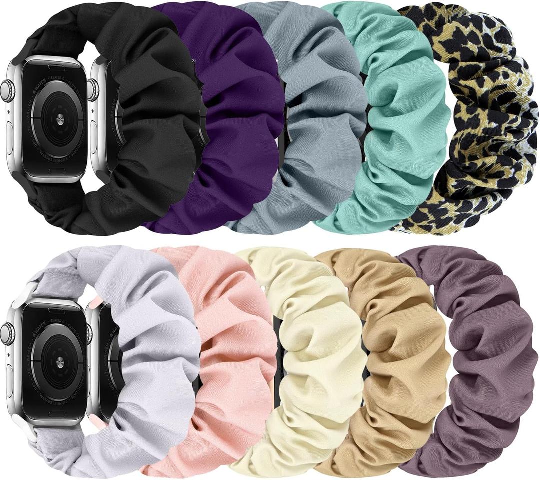Scrunchies Bands Compatible for 40mm 38mm 41mm 42mm 44mm 45mm 46mm 49mm, Soft Nylon Elastic Strap Wristband for iWatch Series 10 9 8 7 6 5 4 3 2 1 SE Ultra (Black+Purple+Gray+Pine Green+Leopard+White+Pink+Starlight+Milk Tea+Smoke Purple)