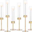 Glass Hurricane Candlestick Holders Gold - Romadedi Set of 6 Taper Candle Holder Bulk Tall Clear Glass Cylinder Table Centerpiece Wedding Decor Party Birthday Christmas Home Decorations