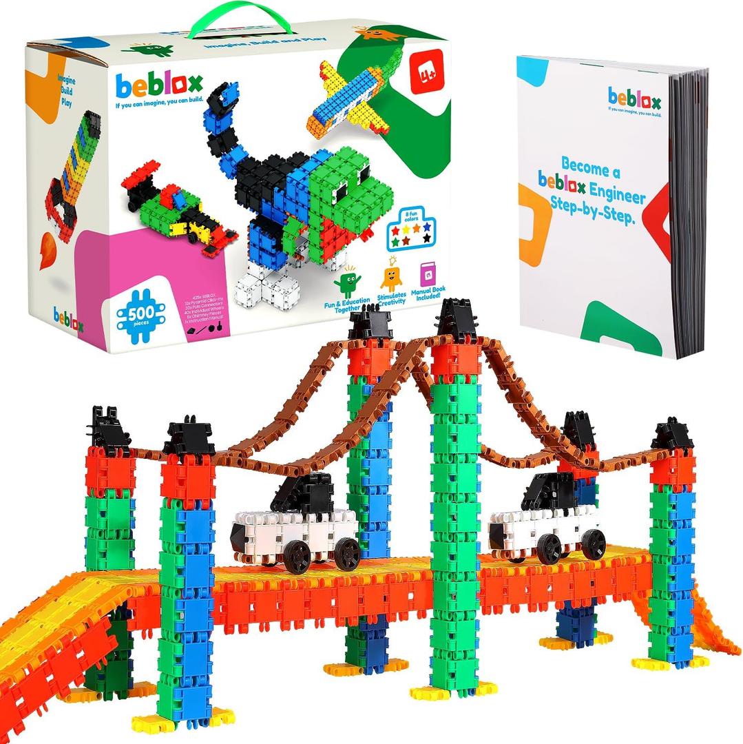 Beblox Building Blocks for Kids - 500-Piece Connecting Tiles Set - Interlocking Building Blocks for Kids, STEM Toys Kit, Fun & Educational Gifts for Boys & Girls, Preschool Learning Activities Ages 4+