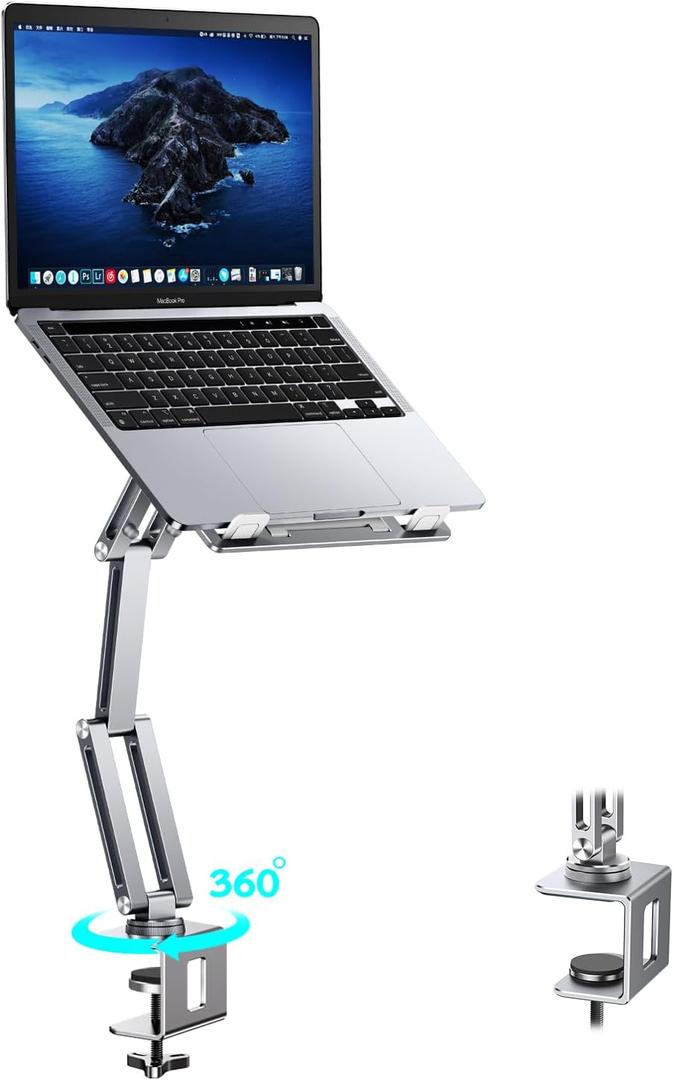 Laptop Mount for Desk, Tablet Arm Mount with 360 Rotating, Aluminum Laptop Tray Adjustable, Foldable Computer Stand/Holder, Fit for 11-15 Inch Laptops (Silver)