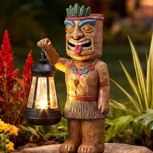 Tuanse 9.5" H Solar Tiki Statue Bar Decorations Outdoor Garden Patio Hawaiian Luau Tiki Figurine with Solar Lantern Light Tropical Summer Decor for Lawn Yard Pool Housewarming Birthday Funny Gift