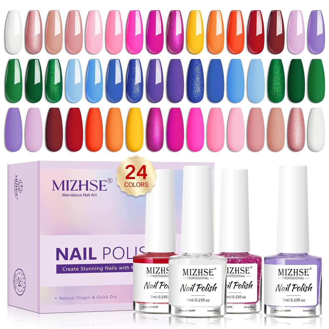 MIZHSE Quick Dry Nail Polish Set, 24 Colors Regular Nail Polish Non Gel, Air Dry Fast Neon Trendy Glitter Bulk Nail Lacquer Oil-based Long Lasting Fingernail Toe Home DIY Gift for Women