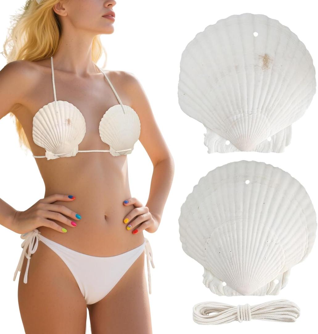 2 Pairs Seashell Bras with Cord - Hawaiian Party Mermaid Tops for Music Festivals, Halloween, Costume Events, Tropical-Themed Weddings, and Cosplay, Pearl White