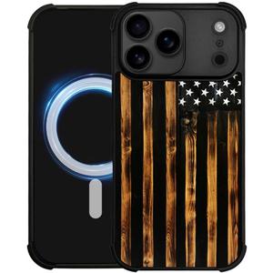 DJSOK Case for iPhone 17 Pro,Compatible with MagSafe,Shockproof Rugged Cover Case,Classic Wood Grain Old Flag