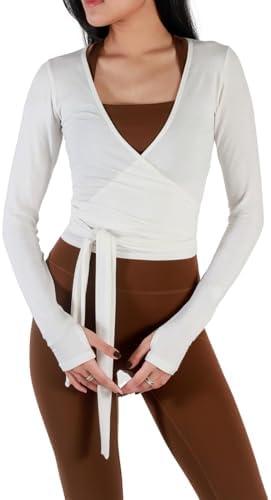 Usweetie Women's Ballet Wrap Top Long Sleeve Tie Workout Pilates Yoga Wrap Top, M