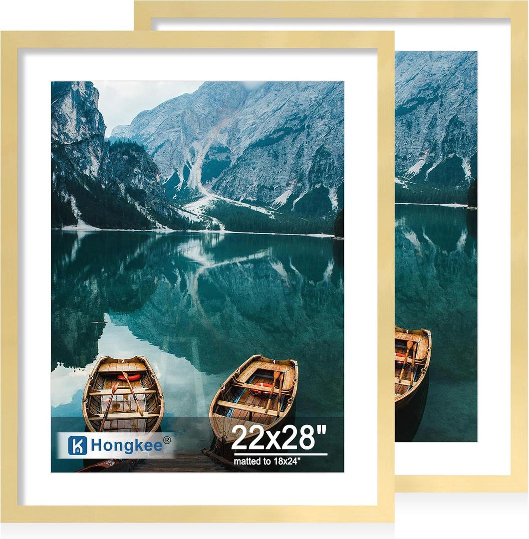 Hongkee 22x28 Frame Set of, Gold Wood Style - Display Posters 18 x 24 with Mat or 22x28 without Mat, Wall Mounting Horizontal and Vertical