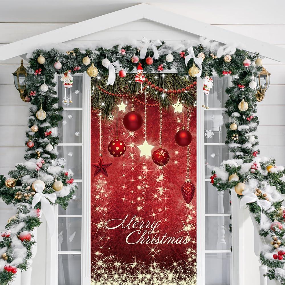 IMISHM Retro Christmas Door Cover - Front Door Decorations with Hanging Wall Balls for Holiday Decor