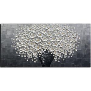 YaSheng Art - Oil Painting Wall Art hand painted White Floral Artwork 3D Thick Texture Black and White Floral Vase Canvas Wall Art Modern Abstract Art Home Bedroom, Dining Room, Living Room, Office Wall Decor 24x48inch