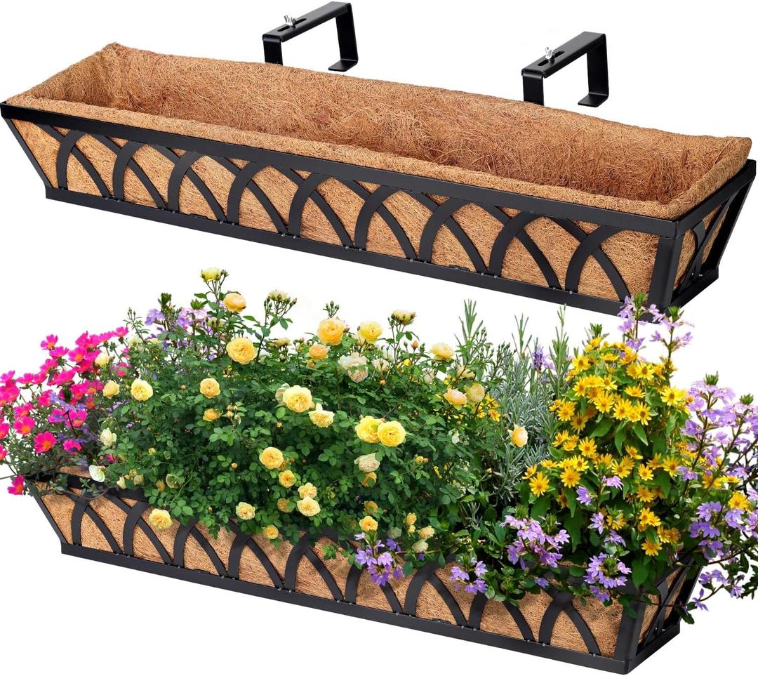 2 Pack 36IN Window Box Railing with Adjustable Brackets, Hanging Flower Planter Basket with Coco Liner for Outdoor Balcony Porch Fence Patio (Black) (Set 2)