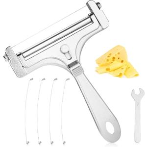 2 x Cheese Slicer Kit, Adjustable Thickness Iron Handheld Cheese Slicer with 4 Extra Wires & Wrench Food Shaver Cutter for Butter Cheddar Mozzarella (Frosted Silver) (Matte color)