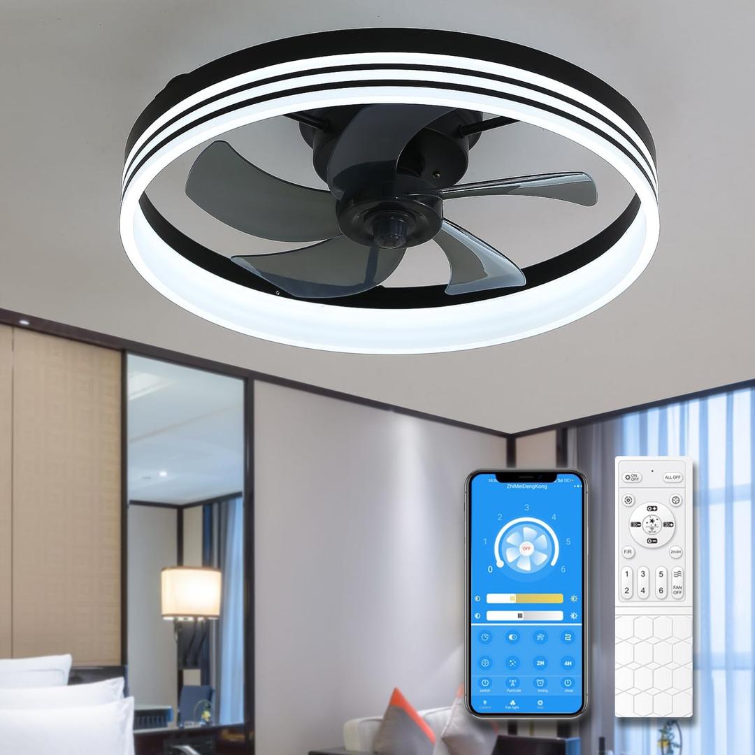 20" Modern Ceiling Fans with Lights and Remote, Flush Mount Bladeless Dimmable Ceiling Lights, Stepless Color Temperature Changes Low Profile Ceiling Fan for Bedroom, Living Room- DBlack (DarkBlack)