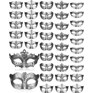Yunsailing 40 Pcs Masquerade Mask Bulk Vintage Mardi Gras Masks Antique for Halloween Ball Cosplay Performance Prop (Silver)