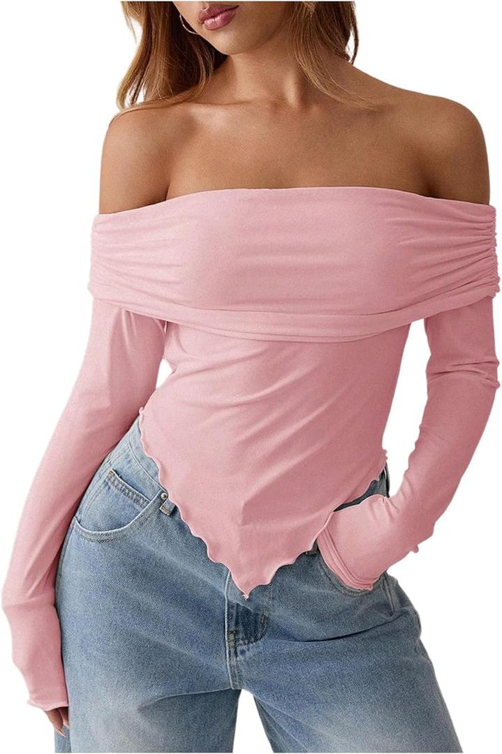 Verdusa Women's Y2K Off The Shoulder Tops Foldover Long Sleeve Asymmetrical Fitted T Shirt (Medium, Pink)