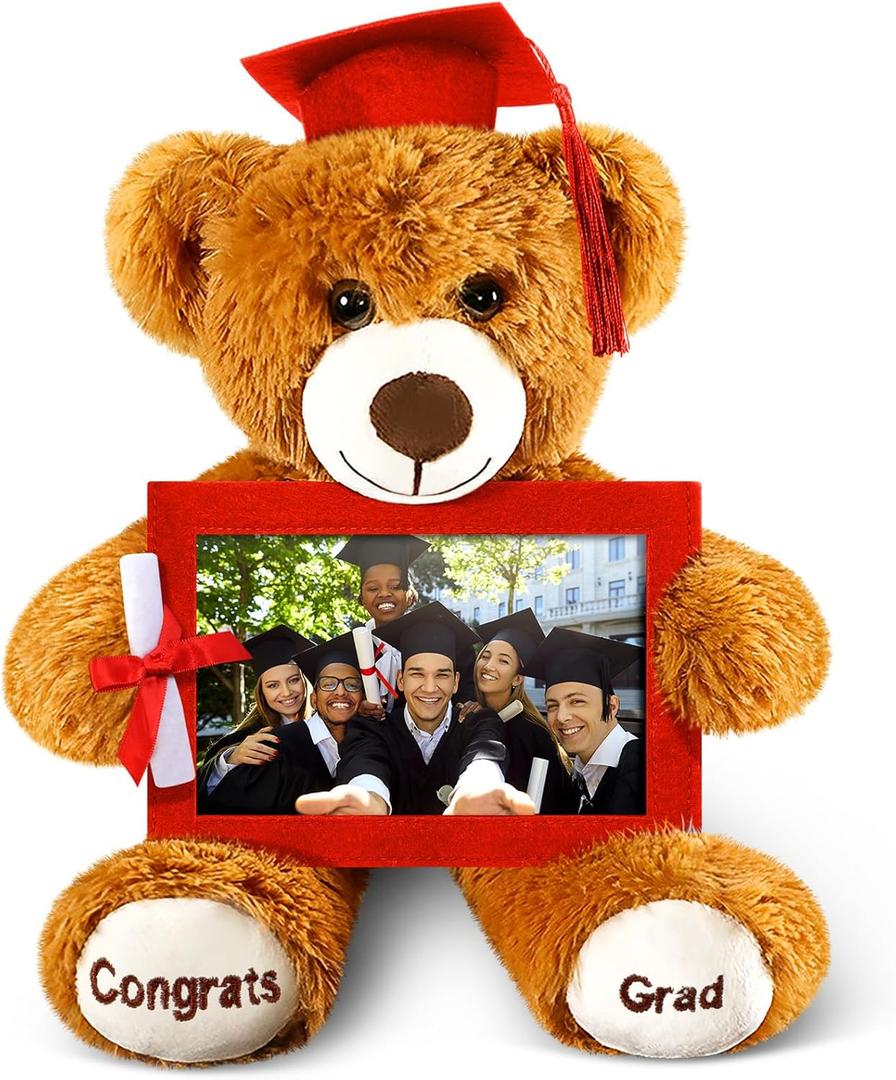Leyndo Class of 2025 Graduation Plush Bear with Picture Frame Diploma Cap 9 Inch Congrats Grad Plush Stuffed Animal Bear Graduation Gifts for Preschool Kindergarten College Masters(Red)