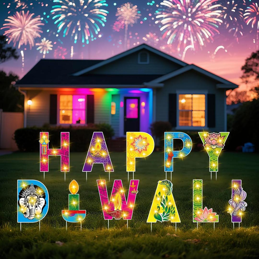 11 Pcs Happy Diwali Yard Stake Sign with LED String Lights Diwali Outdoor Decorations Festival of Indian Lights Party Stakes for Yard Lawn Decor Garden Pathway Decor Photo Booth Props