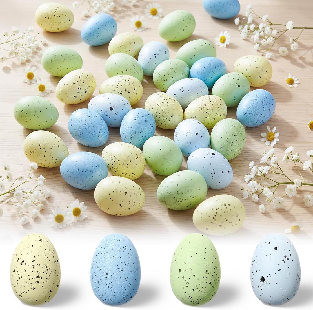 Beeveer 60 Pcs Pastel Easter Speckled Eggs 2.4 in Plastic Speckled Eggs with Pulp Cartons Vase Filler Bowl Basket for DIY Spring Easter Rustic Decor DIY Game Kitchen Craft Adornment(Bright Colors)