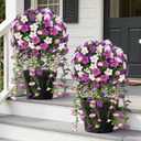 Grooy Artificial Plants Flowers Topiary Ball for Outdoor, 2 Pack Fake Purple Silk Morning Glory Plant Bushes, UV Resistant Realistic Plants Shurbs for Outside,Front Porch,Patio,Yard