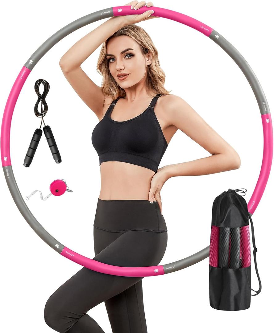Weighted Exercise Hoop for Adults, 2.2lb Detachable Fitness Hoop, Adjustable Hoop with Jump Rope, Tape Measure and Carry Bag, Home Gym Workout (Pink Grey)