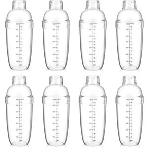 8 Pcs Plastic Cocktail Shaker Drink Mixer with Scales and Strainer Top Clear Shaker Cup with Measurement Plastic Bar Mixing Tool for Tea Coffee Bubble Tea Milk