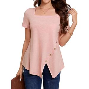 BKHOLL Women's Square Neck Short Sleeve Blouse Loose Fit Stretchy Casual Top Soft Breathable Vacation Shirt for Summer Pink L 2 ct