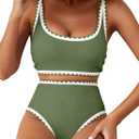Herseas Women's Bikini Sets Floral Print Whip Stitch 2 Piece Swimsuits High Waisted Scoop Bathing Suits (Green, M)