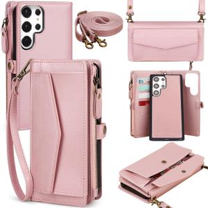 For Samsung Galaxy S25 Ultra Wallet Case for Women Men, Wireless Charging with RFID Blocking Card Holder, PU Leather Crossbody Strap Detachable Magnetic Phone Shell Purse, Pink