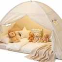 Sumbababy Twin Bed Tent for Kids Indoor, Toddler Bed Canopy with Star Lights & Flags, Twin Size Teepee Tents for Boys Girls Inside Bedroom Golden Beige, 75x40x46"(Suggested for Twin)