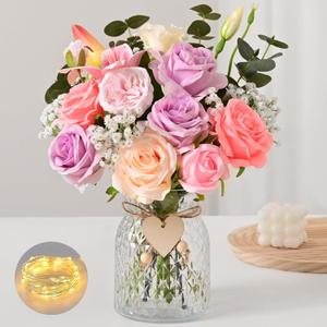 Livole 22Pcs Fake Flowers in Vase Silk Artificial Flowers with Vase & Light Fake Plant Eucalyptus Flower Arrangement for Table Centerpieces Decor for Living Room Coffee Home Farmhouse Purple
