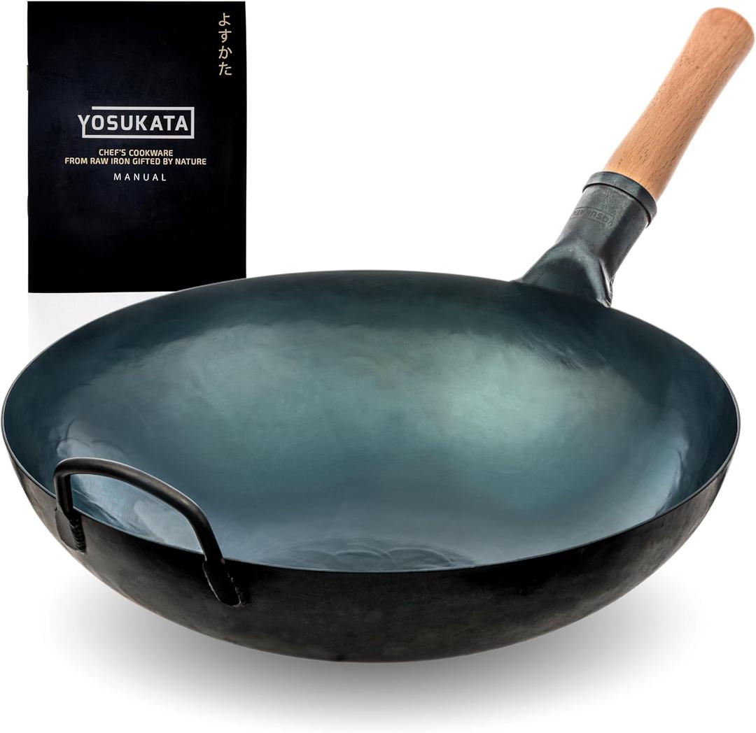 YOSUKATA Blue Round Bottom Woks and Stir Fry Pans 14in - Chinese Hammered Carbon Steel Pow Wok - Traditional Chinese Japanese Cookware (14", Blue)